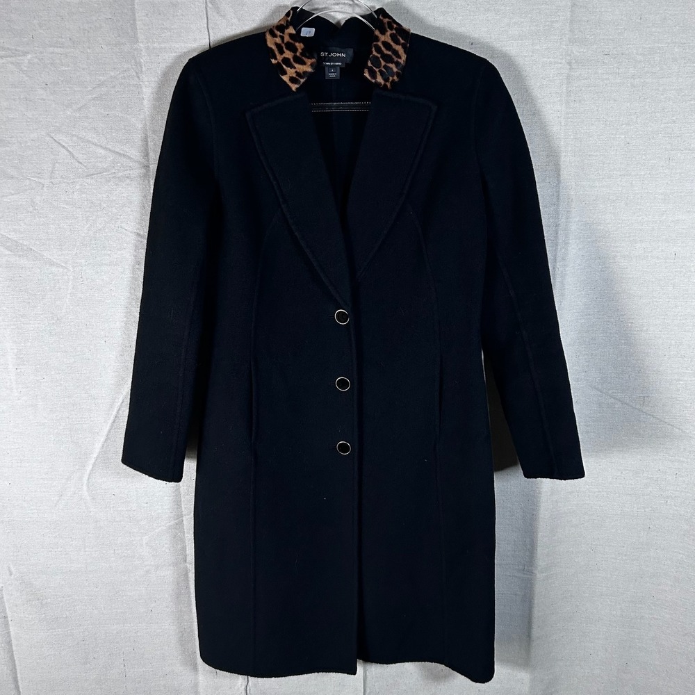St.‎ John Sewn by Hand Black Coat Leopard Print Collar Wool Blend Size 4